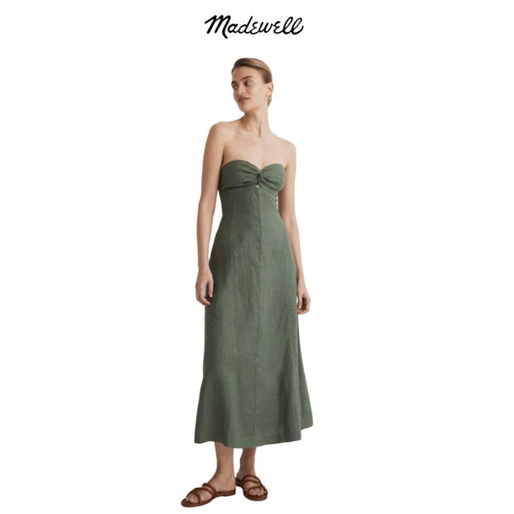 NEW - Madewell 100% Linen Cutout Strapless Midi Dress in Olive - SIZE 2